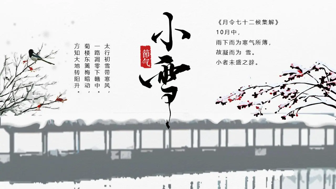 白雪皑皑的梅花喜鹊背景雪节介绍PPT模板
