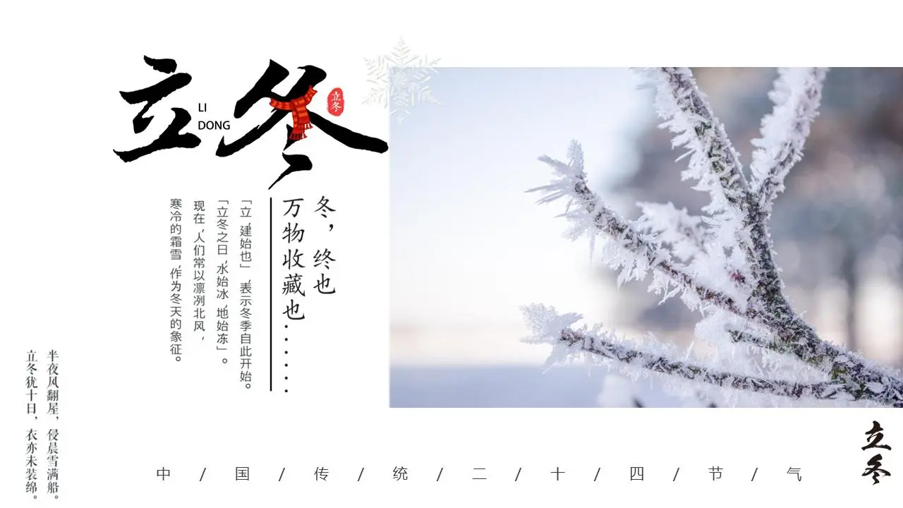 洒满冰霜的树枝背景冬季节日介绍PPT模板