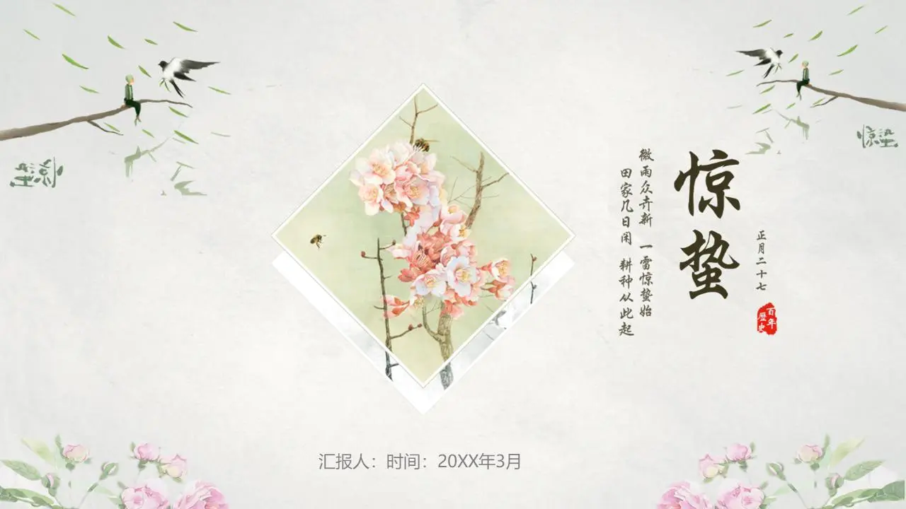 小清新的水彩花卉燕子背景刺绣PPT模板