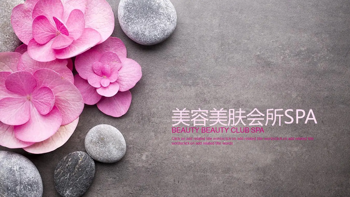 粉色鲜花鹅卵石背景的美容养生PPT模板