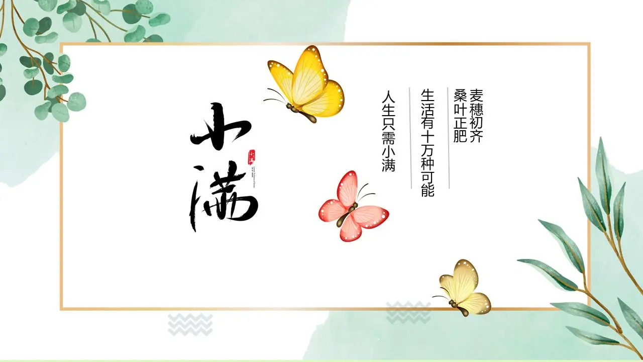 水彩叶和蝴蝶背景的小满节活动策划PPT模板