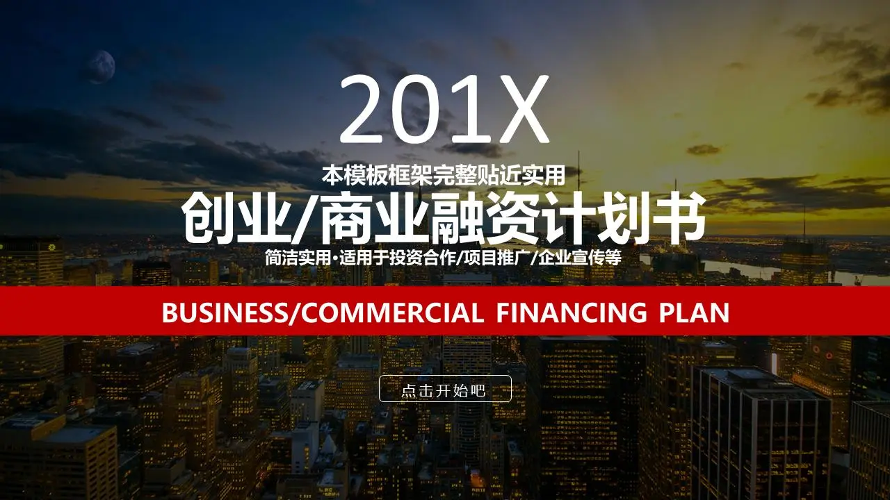 繁忙的城市夜景背景下的创业融资计划PPT模板