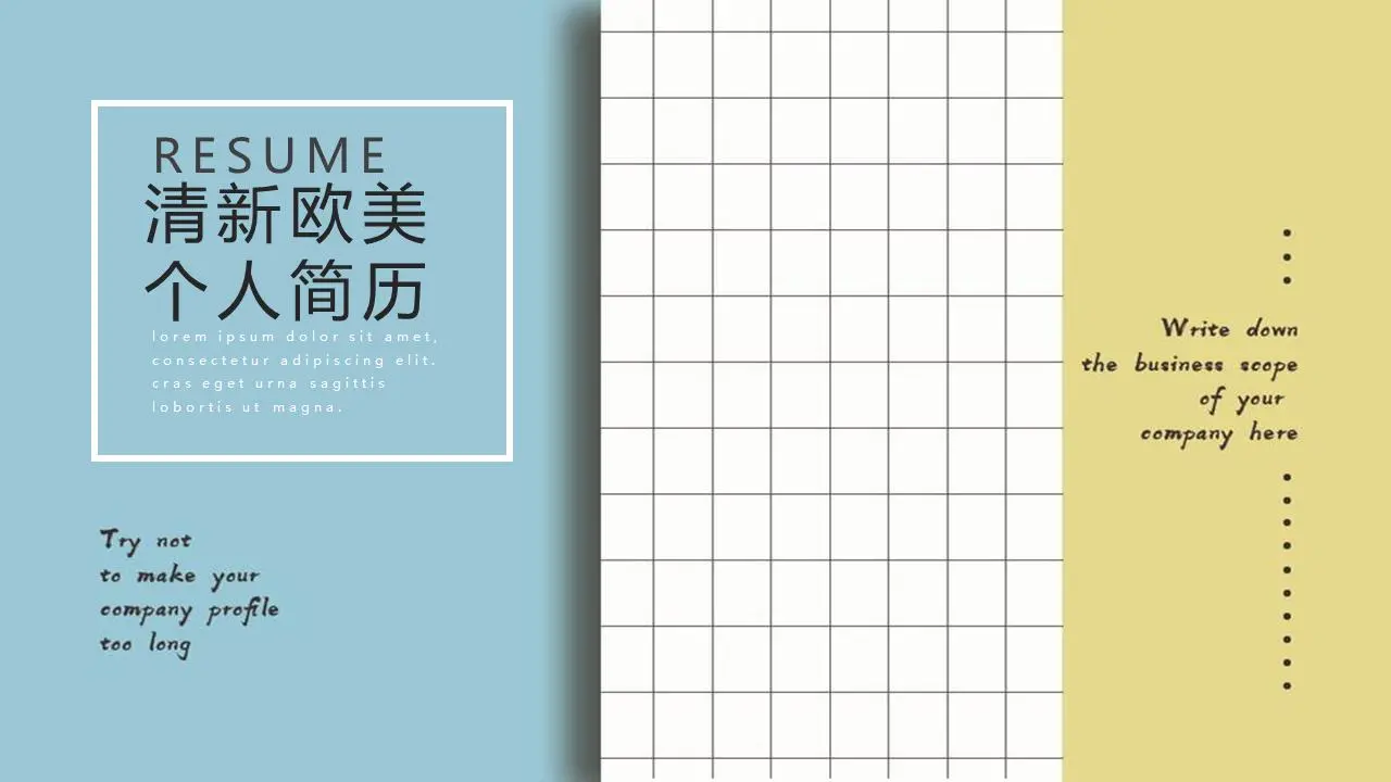 清新的藍黃網格背景的歐美風格個人簡歷PPT模板